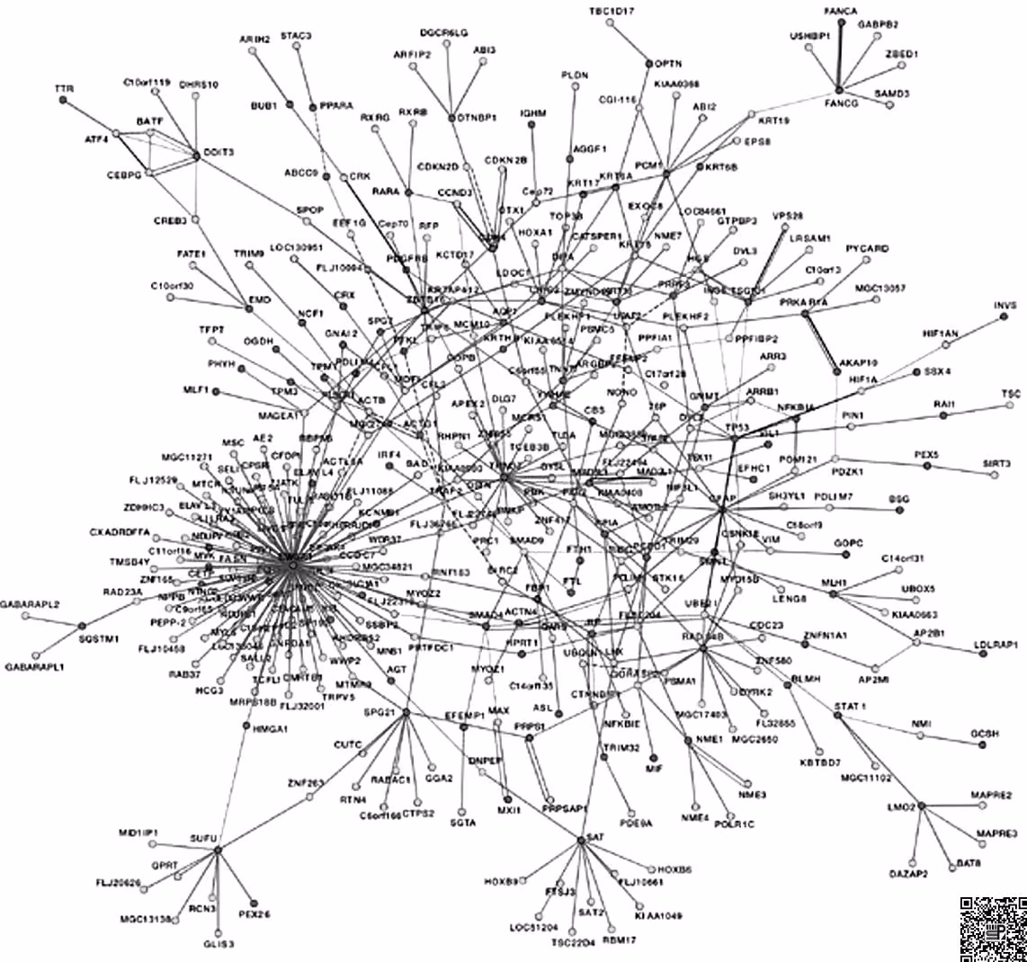 图 9-26 人类疾病相关 CCSB-HI1 蛋白相互作用网络（Raul et al., 2005）