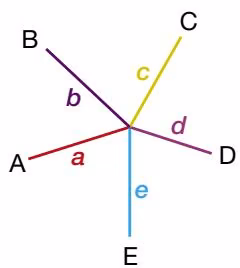 Figure 6.14. Tree for five sequences with no pairing of sequences. In the neighbor-joining method, the sum of the branch